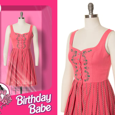 Vintage 1970s Dirndl Dress | 70s Floral Embroidered Pink Cotton Fit and Flare Full Skirt Oktoberfest German Austrian Sundress (small) 