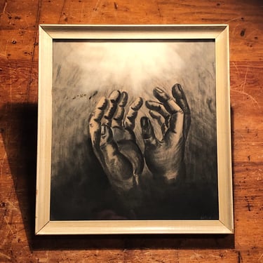 Haunting Charcoal Drawing of Hands Reaching from the Depths - Vintage Unusual Artwork - Mystery Artist - Signed - Wall Hanging 