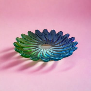 Vintage Mid Mod Retro Green Blue Floral Glass Abstract Swirl Candy Dish Ashtray 