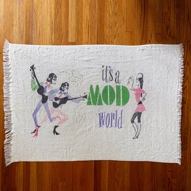 RARE Vintage 1960s "It's a MOD World" Beach Towel! | Beatles Rock and Roll Image & Go-Go Girl Design | Groovy Hippie Pool Accessory 