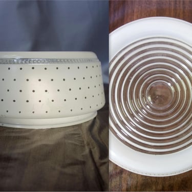 Vintage white & black polka dot frosted glass lampshade, retro mid century drum shape ceiling lampshade for MCM bathroom or kitchen decor 