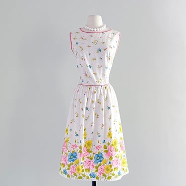 Sweet 1960's Floral Cotton Border Print Sundress  / Sz ML