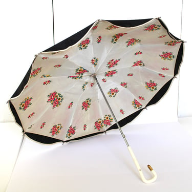 1960s Double Canopy Umbrella - Vintage Black Mod Umbrella Lined in Pink Flower Print 