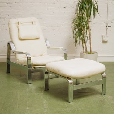 1970s Milo Baughman for Selig Reclining Chrome Modern Lounge Chair and Ottoman