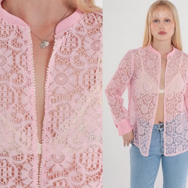 Pink Lace Blouse 70s Sheer Floral Shirt Long Sleeve Open Front Top Romantic Bohemian Long Sleeve Summer Festival Boho Vintage 1970s Medium M 