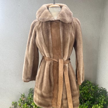 Vintage 60s Lilli Ann London Leather short coat browns faux fur suede trim Sz Small lined and pockets. 