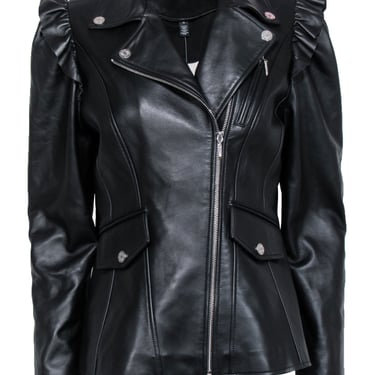 White House Black Market - Black Leather Jacket w/ Ruffled Shoulder Sz M