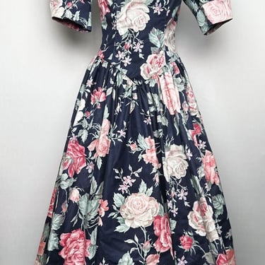 Vintage 1980s LORALIE Blue Floral Rose Print Cottage Dress, Cottagecore, Polished Cotton Fit & Flare Gown, PETTICOAT Full Skirt, Long Dress 