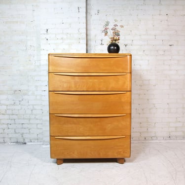 Vintage MCM solid maple tallboy 5 drawer dresser by Heywood Wakefield | Free delivery in NYC and Hudson Valley areas 