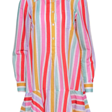 Tuckernuck - Red, Pink, Green, & Yellow Stripe Linen Blend Shirtdress w/ Flutter Hem Sz S