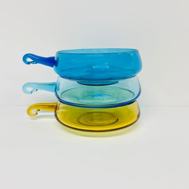 Vintage Empoli Italian Hand Blown Art Glass / Herring or Porringer Bowls  / Applied Handles / Blue / Yellow / Set of 3 / FREE SHIPPING 