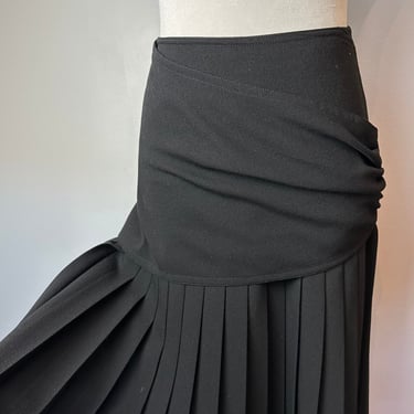 90’s black wool Escada skirt~ pleated wrap style waist drop waist look~ size XSM 