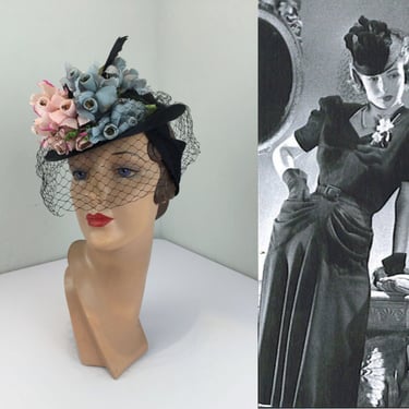 Perched Perfection - Vintage 1940s Black Perch Straw Mini Doll Hat w/Baby Blue Baby Pink Florals Netting 