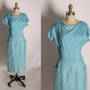 1950s Blue Short Sleeve Linen Pocketed Wiggle Dress -M 