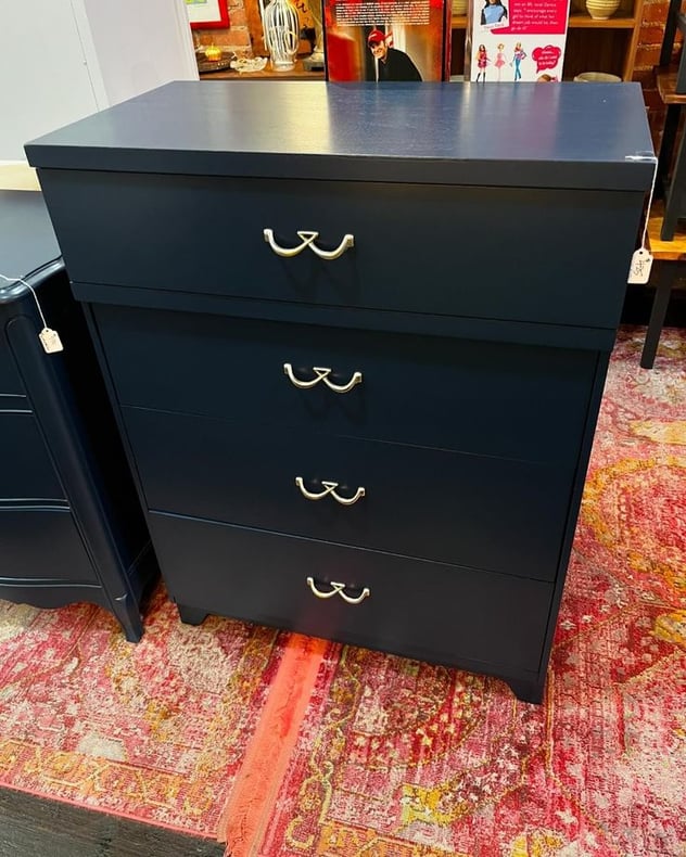 Blue painted chest of drawers. 32.5” x 17.75” x 42.5” 