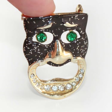 Vintage 1960s Moving Articulated Brooch - Figural Theater Drama Tragedy Mask Face with Dangling Green Rhinestone Eyes 