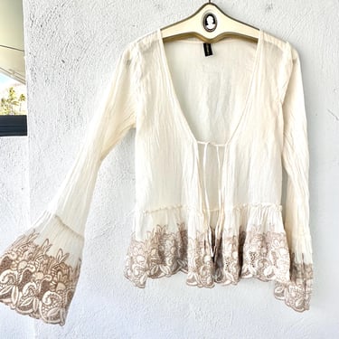 Vintage 70s Style Embroidered Hippie Bell Sleeve Cardigan Shirt Y2k Folk Peasant Boho Swing Top 