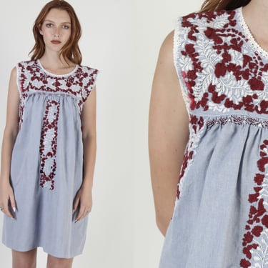 Chambray Oaxacan Dress / Mexican Burgundy White Floral Embroidery / Sleeveless Solid Tank Top / Hand Embroidered Womens Mini Dress 
