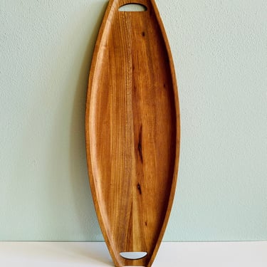 Teak surfboard tray / midcentury carved wood serving tray with handles 