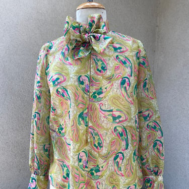 Vintage handmade polyester chiffon sheer top blouse Mod print greens pinks Medium 