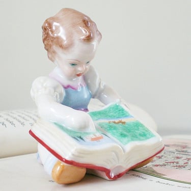 Cute Herend Figurine Girl with a Book, Hand painted Hungarian porcelain child reading, Nursery decor, Gift for New Mom 