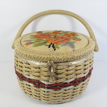 Vintage Wicker Needlepoint Flower Lid Sewing Basket - Vintage Round Made in Japan Sewing Basket 