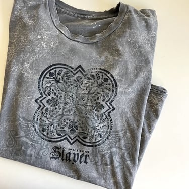 Slayer Grey Faded Dyed Graphic Worn in Distressed Oversized Short Sleeve Tee 