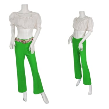 1970's Kelly Green Ribbed Flared Boot Cut Stretch MOD Pants I Sz Med 