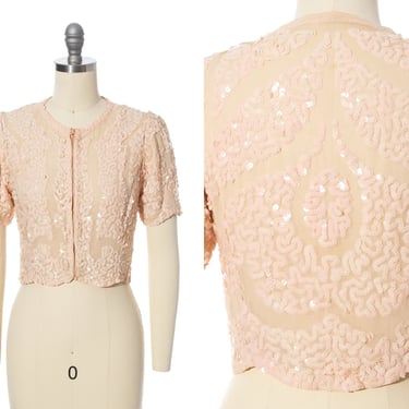 Vintage 1930s Top | 30s Sequin Cotton Voile Light Ballet Pink Scalloped Cropped Sheer See Through Art Deco Blouse (x-small) 