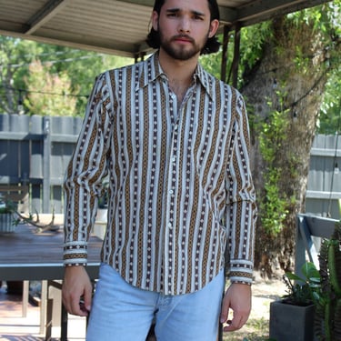 Striped Shirt, Vintage 1970s La Strada Shirt, Medium Men, brown beige yellow button down, long sleeves 