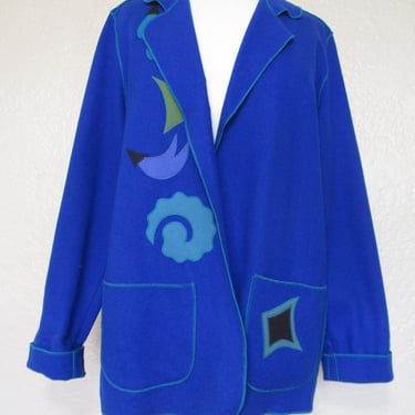 Vintage 1980s Beppa Pea Coat, Long Jacket, Cardi Coat, blue wool, colorful appliques, Medium Women 