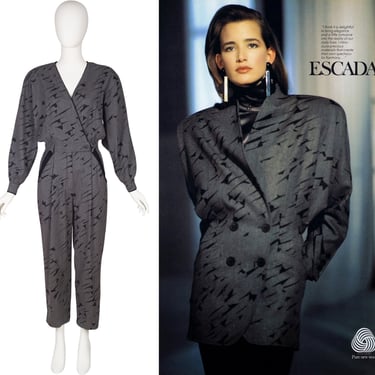 Escada 1987-88 F/W Vintage Graphic Black & Gray Wool Jumpsuit Sz XS S 