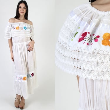 Off The Shoulder White Mexican Dress / Crinkle Cotton Crochet Outfit / Vintage Ethnic Colorful Embroidered Mexico Party Midi 