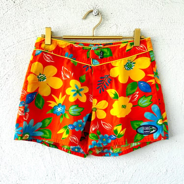 Vintage 90s Hawaiian Bright Shorts 1990s Surf Swim Shorts Hawaii Yellow Orange Striped Bottoms 