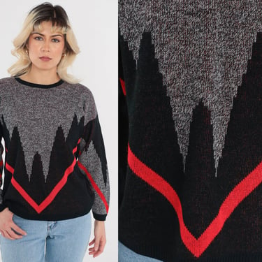 80s Chevron Sweater Grey Knit Pullover Crewneck Sweater Striped Zig Zag Mountain Print Jumper Retro Acrylic Black Red Vintage 1980s Medium 