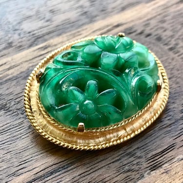 Carved Glass Faux Jade Brooch Floral Gold Tone Green Vintage Estate Jewelry 