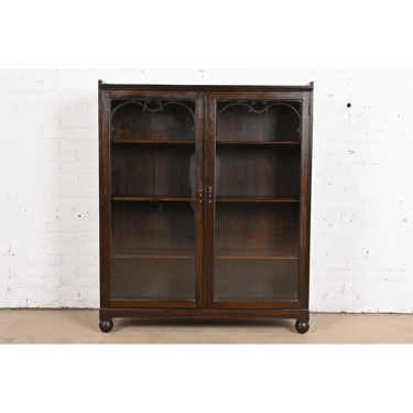 Antique Arts & Crafts Carved Mahogany Glass Front Double Bookcase, Circa 1900