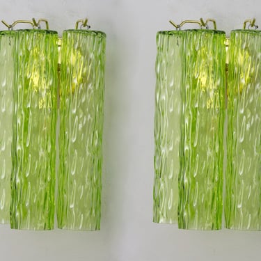 Set of 2 Wall sconce with Murano blown glass apple green color Made in Italy, vintage style wall lamp with 3 bark tubes 