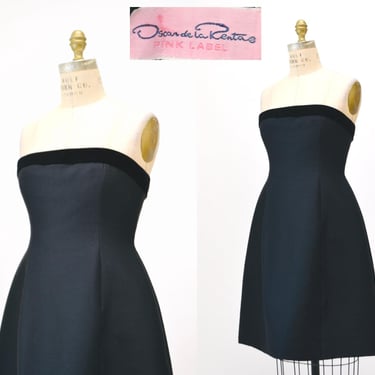 90s Black Strapless Party Dress By Oscar De La Renta Pink Label Vintage Black Strapless Party Cocktail Dress Medium Black Wool Silk Dress 