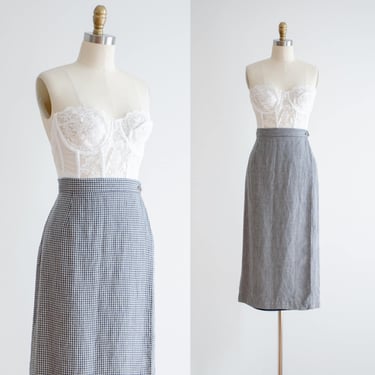 long linen skirt | 90s vintage navy blue greige houndstooth pattern longline midi wrap skirt 