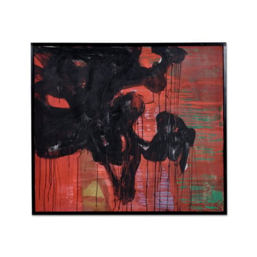 1969 Abstract Expressionist Red and Black Nakamura Square Oil Painting 