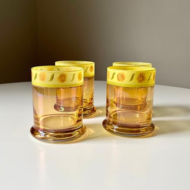 Vintage 1960s Iridescent Amber Colored Glass Rocks Glasses with a Hand Painted Floral Design (Set of 4) 