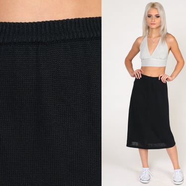 Black Knit Skirt 80s 90s Midi Skirt High Waisted Retro Basic Plain Simple Preppy Vintage 1990s Ramie Cotton Large 