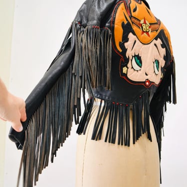 Black Leather Motorcycle Jacket Fringe with Betty Boop Small// Vintage Black Leather Biker Jacket Size Medium Comic Pin Up Girl by Maziar 