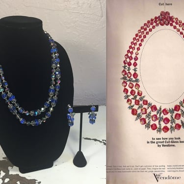 The Blue Danube - Vintage 1950s Coro Vendome Cobalt Blue AB Crystal Necklace Earrings Set - Rare 