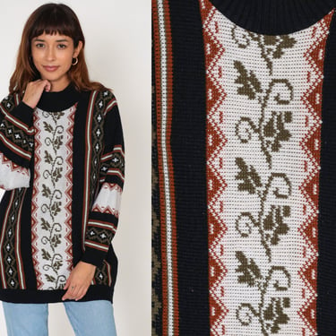 80s Knit Sweater Vine Print Pullover Knit Sweater Black Geometric Striped Floral Boho Longline Acrylic Vintage 1980s Extra Large xl 