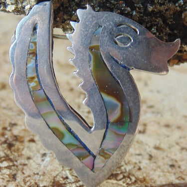 Beto ~ Taxco Sterling Silver and Abalone Vintage Seahorse Brooch 
