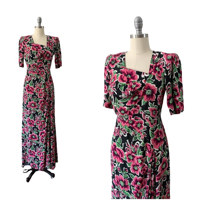 40s Dark Floral Rayon Crepe Gown / 1940s Vintage Short Sleeve Dress / Medium to Large / Size 10 