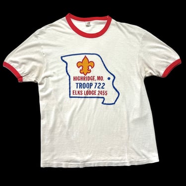 Vintage 1970s BOY SCOUTS Ringer T-Shirt ~ Fits M ~ Elks Lodge / Missouri ~ 70s Hanes ~ 75/25 Cotton Polyester ~ Soft / Thin 