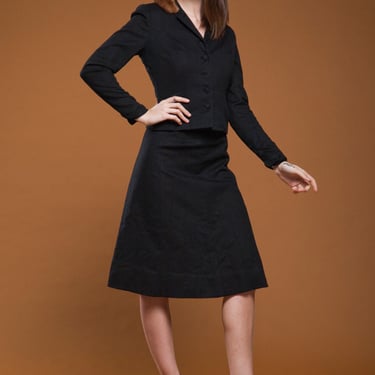 wool skirt suit mink fur trimmed collar black brown a-line vintage 60s 1960s SMALL S 